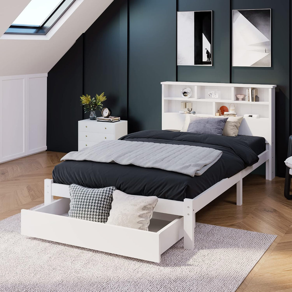 Letto contenitore KUAKE, singolo, 90 × 200 cm, 90 × 200cm, legno, Bianco, con contenitore, con rete a doghe, per camera da letto