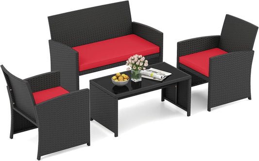 Set di mobili da giardino COSTWAY, 4 pezzi, rattan, Rosso, per giardino e terrazzo