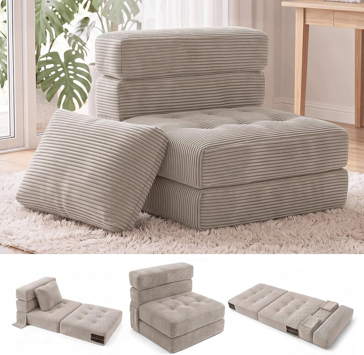 Divano Fabulcozy, 4 in 1, 80 × 76 × 65 cm, 190 × 80 × 16 cm, velluto, con cuscino, trasformabile, con funzione letto, pieghevole, con poggiatesta