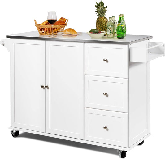 Carrello da cucina COSTWAY, 2 ante, 3 cassetti, 135 × 45,5 × 91,5 cm, acciaio inox, Bianco, regolabile, con ruote, per sala da pranzo e cucina