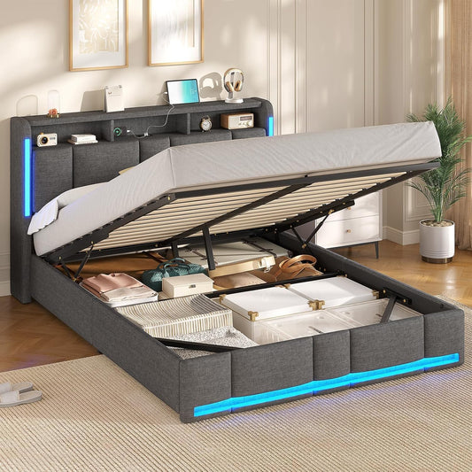 Letto contenitore AOGLLATI, matrimoniale, 160 × 200 cm, Grigio scuro, con contenitore, regolabile, con illuminazione LED, con porta USB, imbottito