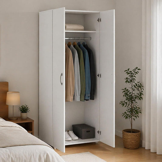 Armadio guardaroba Dmora, 2 ante, Bianco, per camera da letto, 74x52 h179 cm