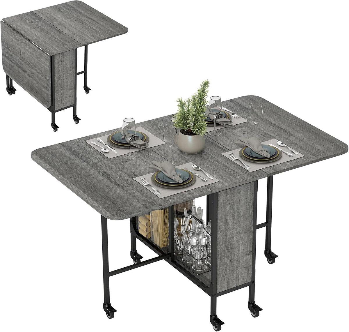 Tavolo pieghevole HOMCOM, 130 × 80 × 74 cm, Grigio, con contenitore, per sala da pranzo e cucina