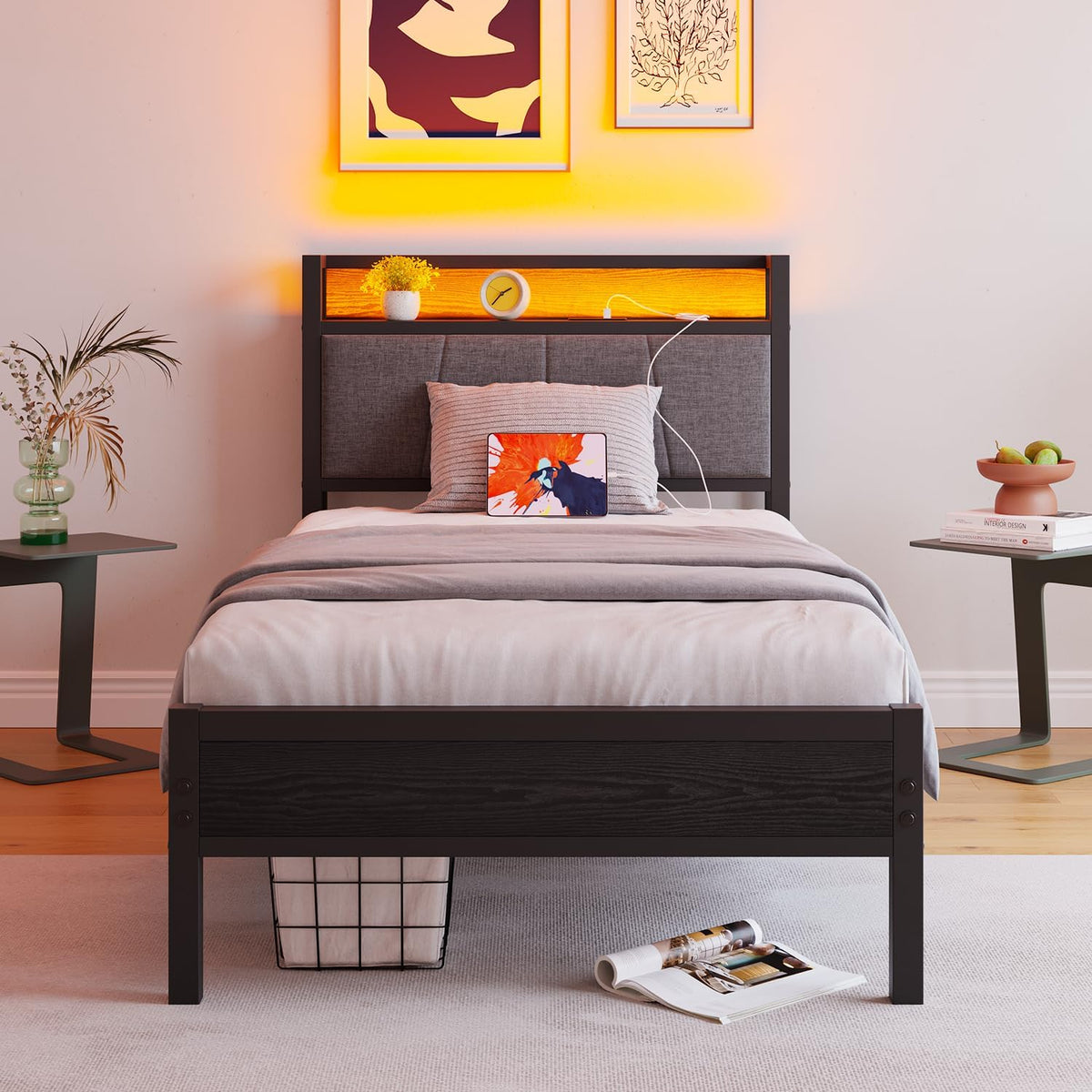 Struttura letto BORPHOM, singolo, metallo, con illuminazione LED, con porta USB, imbottita, per camera da letto