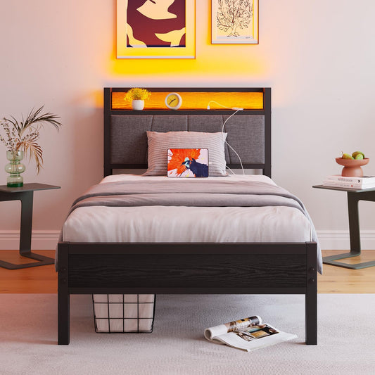 Struttura letto BORPHOM, singolo, metallo, con illuminazione LED, con porta USB, imbottita, per camera da letto