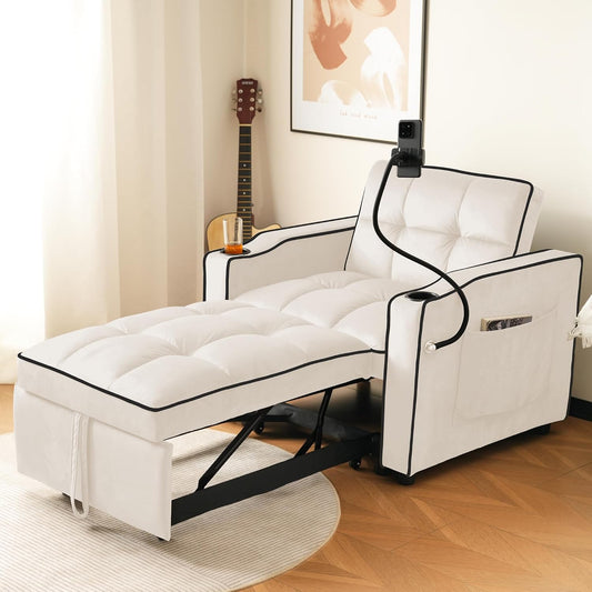 Divano letto Rvjiahe, singolo, 3 in 1, 83 × 167 × 76 cm, velluto, Beige, reclinabile, regolabile, allungabile, con braccioli, imbottito