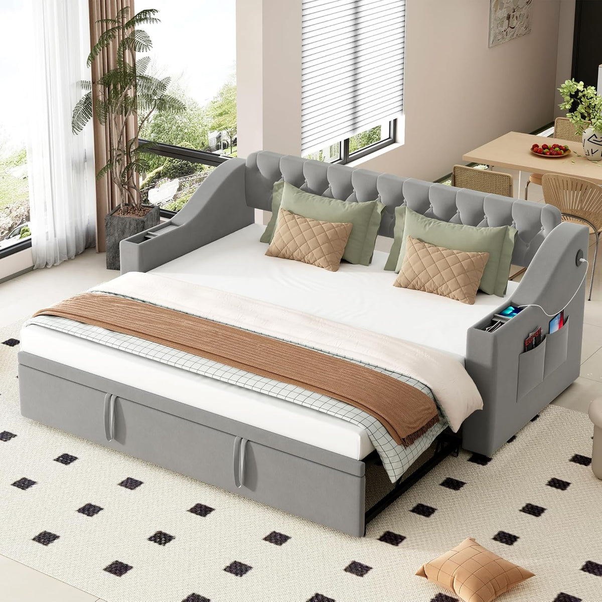 Divano letto Trdlpyn, 180 × 190 cm, velluto, tessuto, Beige, con braccioli, con rete a doghe, con porta USB, imbottito, per soggiorno