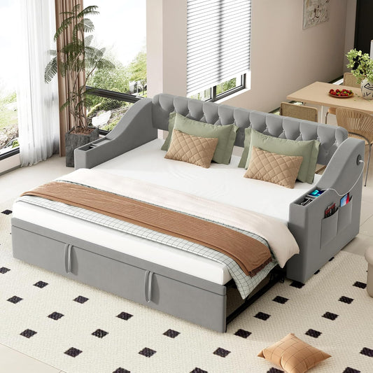 Divano letto Trdlpyn, 180 × 190 cm, velluto, tessuto, Beige, con braccioli, con rete a doghe, con porta USB, imbottito, per soggiorno