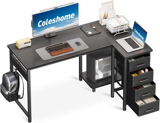 Scrivania Coleshome, 120 × 70 cm, tessuto, Nero, per ufficio, Scrivania per computer con cassetti, scrivania angolare per casa e ufficio