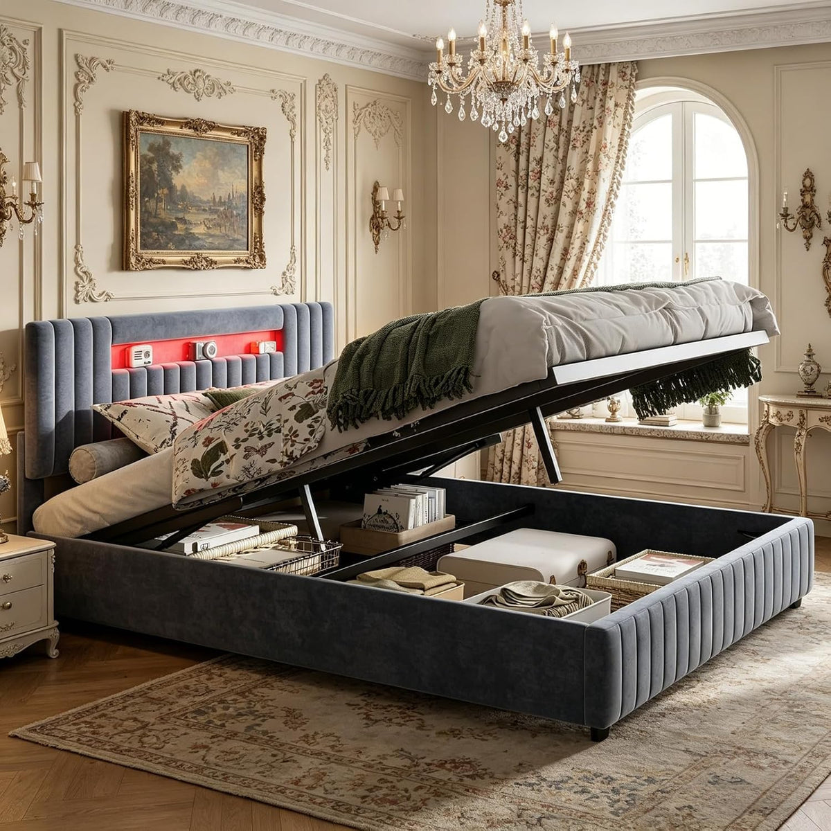 Letto contenitore JiaOyu, 160 × 200 cm, velluto, con contenitore, con illuminazione LED, con porta USB, imbottito, per camera da letto
