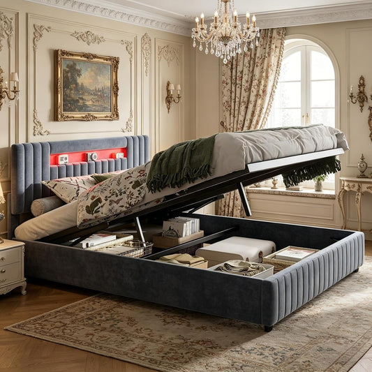 Letto contenitore JiaOyu, 160 × 200 cm, velluto, con contenitore, con illuminazione LED, con porta USB, imbottito, per camera da letto