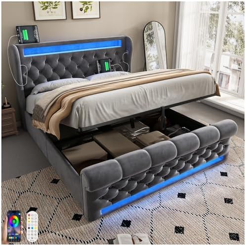 Letto contenitore Lubvtti, matrimoniale, 90 × 200 cm, 140 × 200 cm, misura 160 × 200, velluto, Grigio, con contenitore, con porta USB, imbottito
