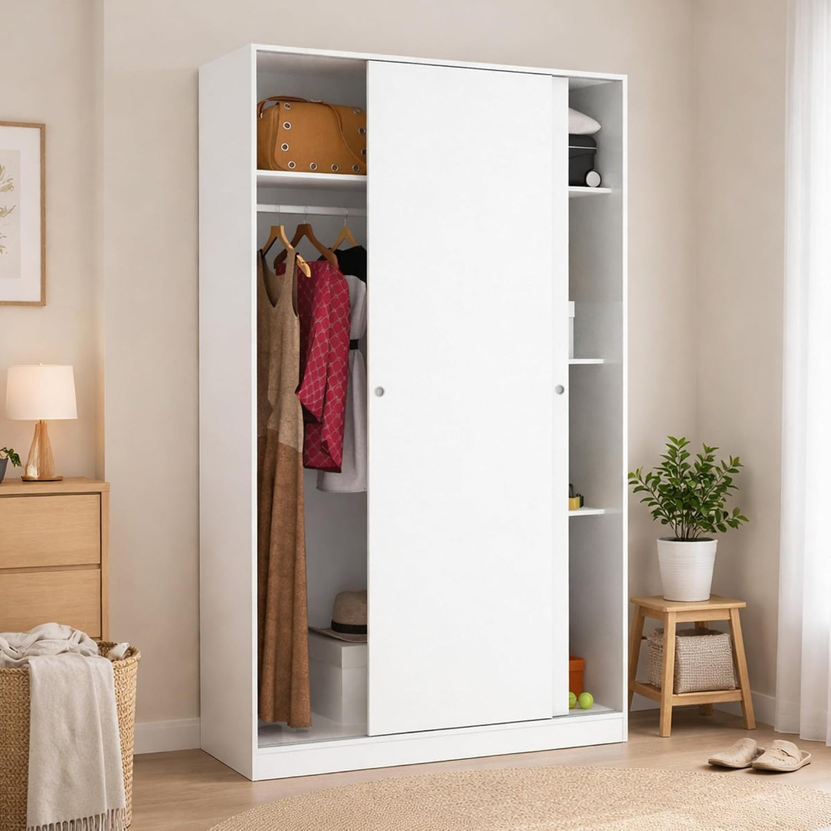 Armadio guardaroba Dmora, 2 ante, 4 ripiani, 50 × 204 cm, Bianco, con ante scorrevoli, per camera da letto
