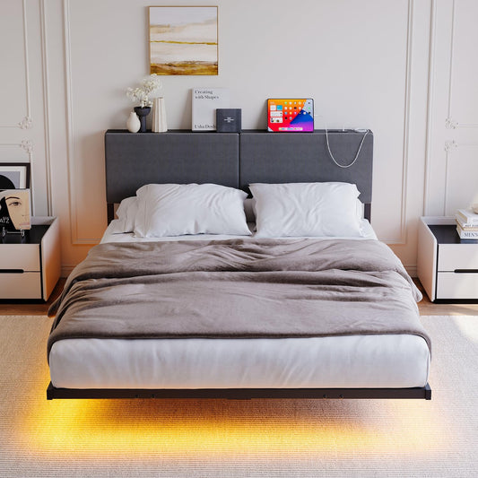 Struttura letto HOMERECOMMEND, matrimoniale, Nero e grigio, con illuminazione LED, con porta USB, imbottita, per camera da letto
