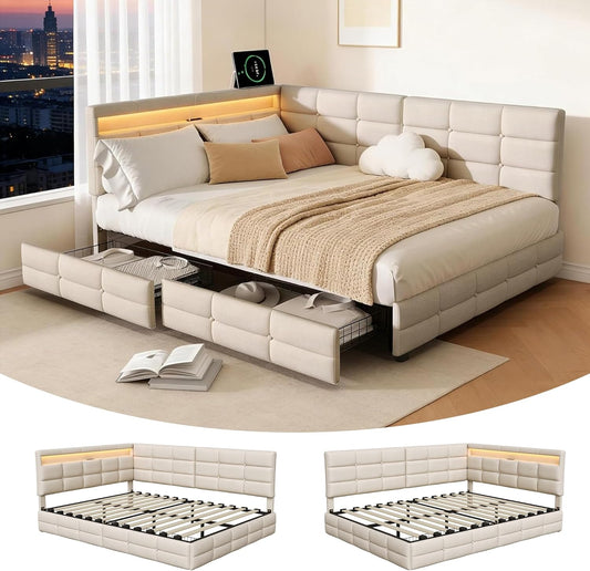 Letto contenitore BRILVERDE, 140 × 190 cm, misura 140 × 190, lino, Beige, con contenitore, con rete a doghe, con illuminazione LED, con porta USB