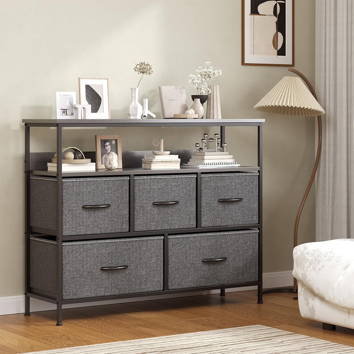 Cassettiera Feonase, 5 cassetti, MDF, metallo, Grigio scuro, regolabile, per soggiorno e camera da letto