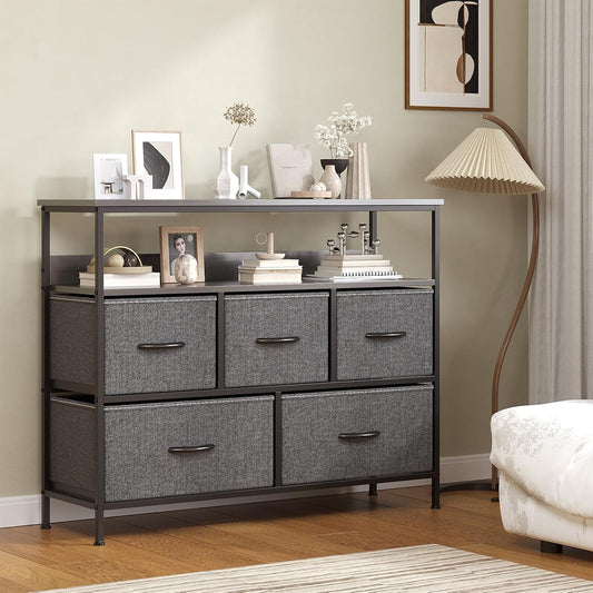 Cassettiera Feonase, 5 cassetti, MDF, metallo, Grigio scuro, regolabile, per soggiorno e camera da letto