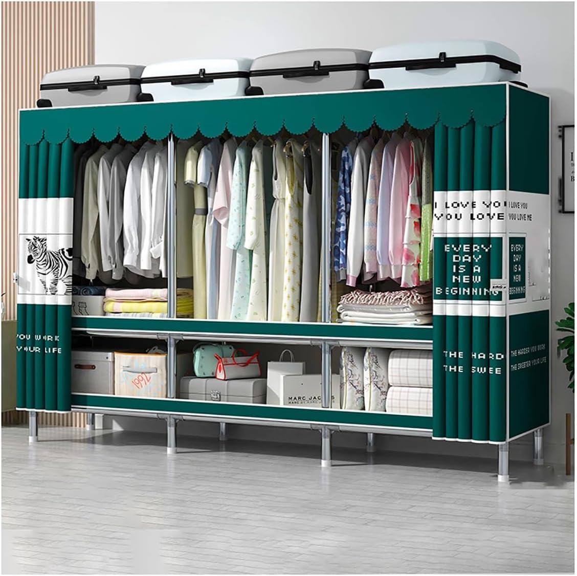 Armadio guardaroba RKJDMSWJ, 3 ripiani, 250 × 45 × 170 cm, metallo, tessuto, Verde, per camera da letto