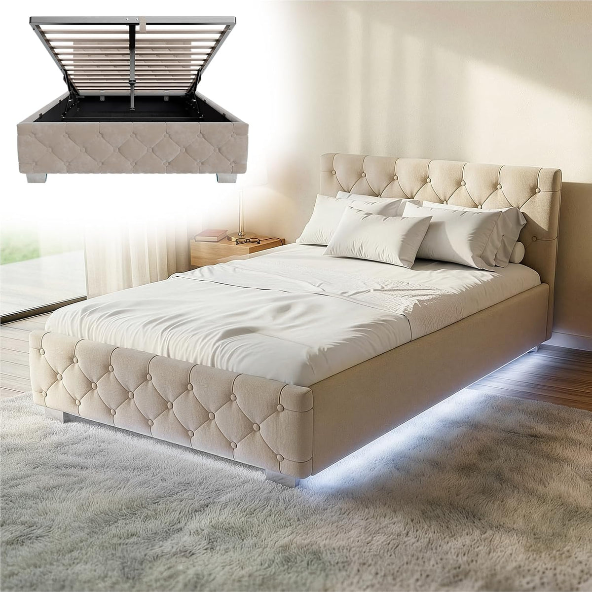 Letto contenitore Juskys, 120 × 200 cm, velluto, Beige, con contenitore, con rete a doghe, con illuminazione LED, imbottito, per camera da letto