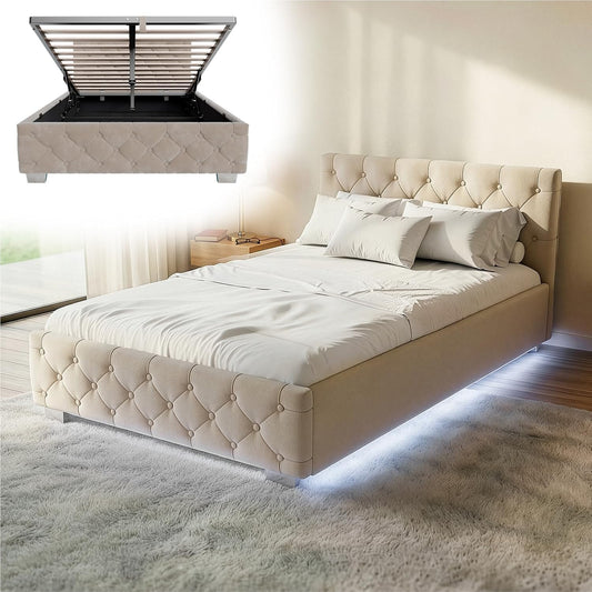 Letto contenitore Juskys, 120 × 200 cm, velluto, Beige, con contenitore, con rete a doghe, con illuminazione LED, imbottito, per camera da letto