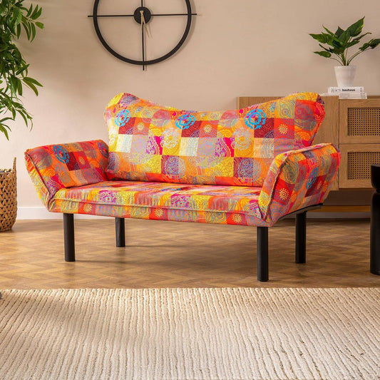Divano letto Dmora, 2 posti, 150 × 65 cm, metallo, tessuto, Multicolore, trasformabile, con funzione letto, reclinabile, con braccioli, imbottito