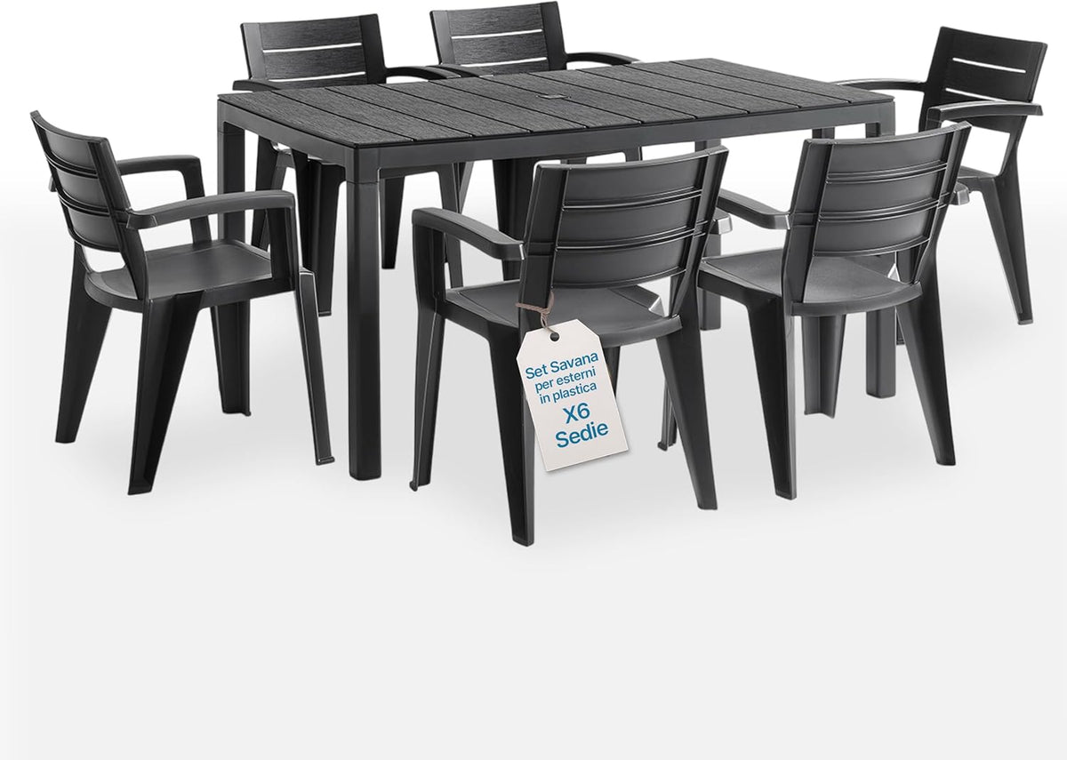 Set da pranzo da giardino Tomaino, 6 sedie, plastica, Nero, allungabile, per giardino e terrazzo