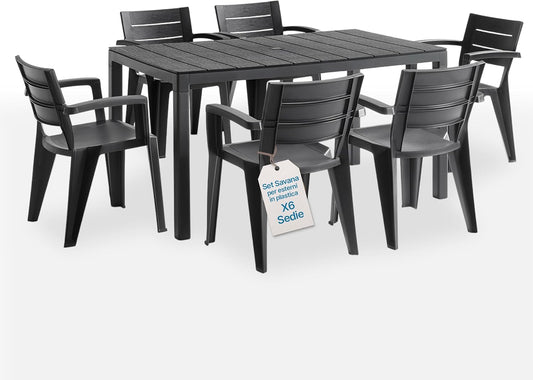 Set da pranzo da giardino Tomaino, 6 sedie, plastica, Nero, allungabile, per giardino e terrazzo