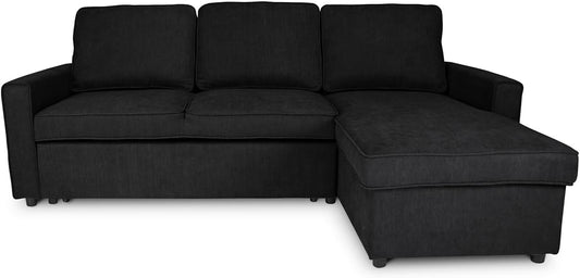 Divano letto SAMIRA, 198 × 132 cm, velluto, tessuto, Nero, trasformabile, con contenitore, per soggiorno
