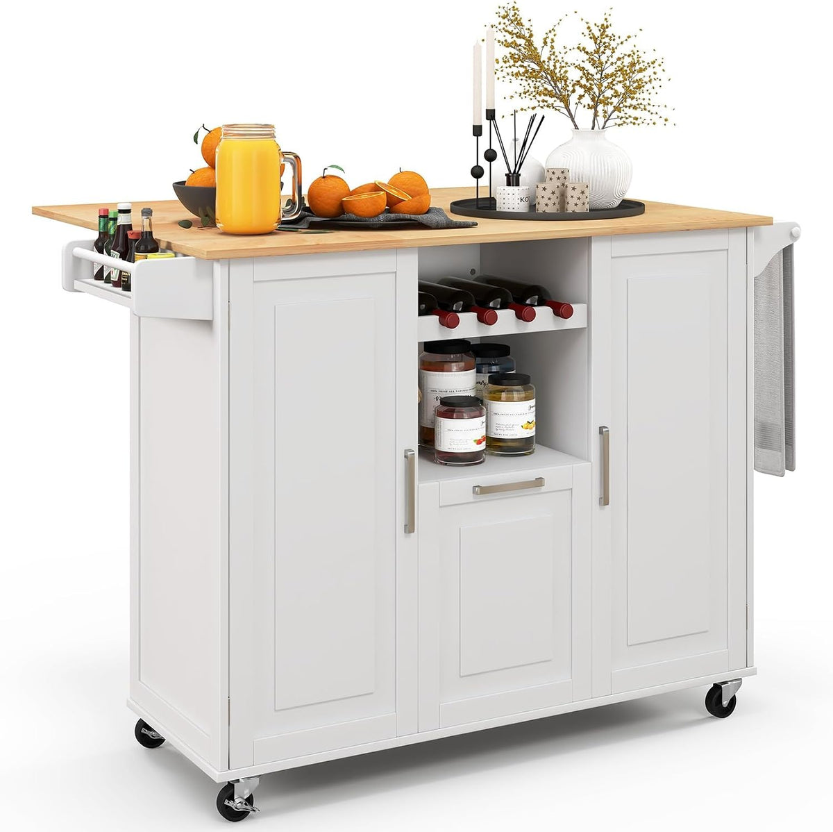 Carrello da cucina COSTWAY, 130 × 74 × 90 cm, Bianco, per sala da pranzo e cucina, con Cassetto Profondo Portabottiglie Aperto e Porta Asciugamani