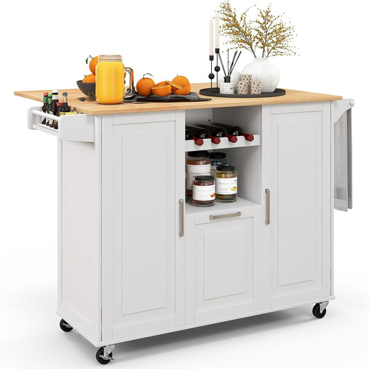 Carrello da cucina COSTWAY, 130 × 74 × 90 cm, Bianco, per sala da pranzo e cucina, con Cassetto Profondo Portabottiglie Aperto e Porta Asciugamani