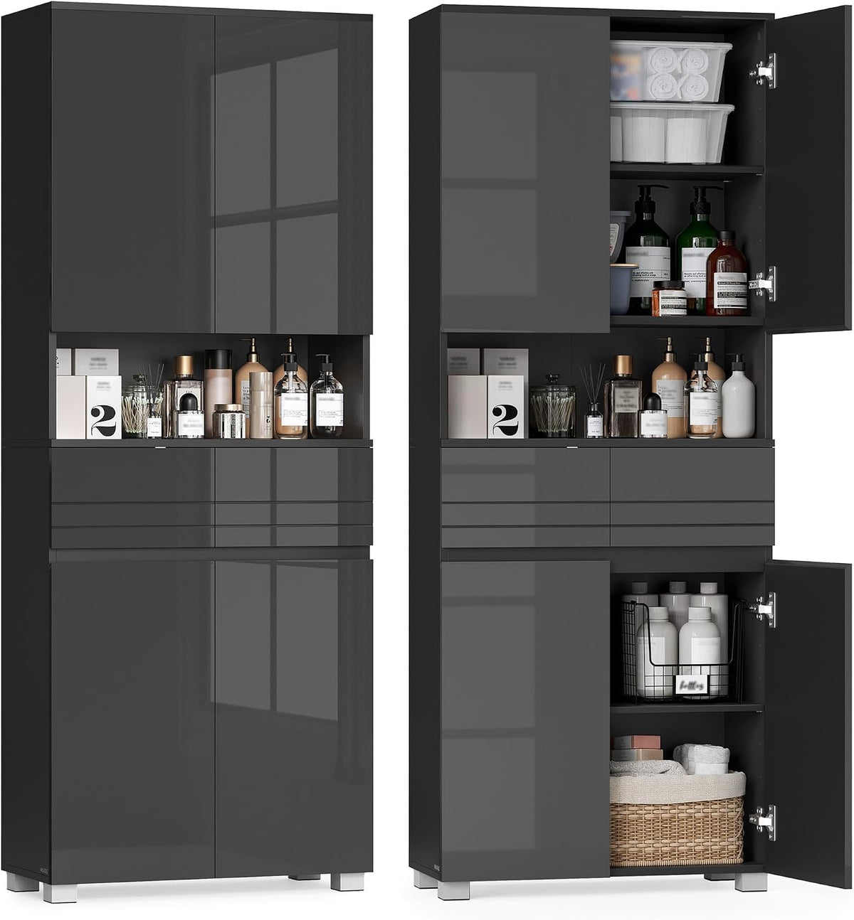 Mobile da bagno VASAGLE BBC563BH01, 30 × 60 × 170 cm, legno, MDF, Nero, regolabile, per bagno