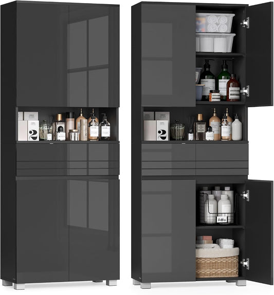 Mobile da bagno VASAGLE BBC563BH01, 30 × 60 × 170 cm, legno, MDF, Nero, regolabile, per bagno