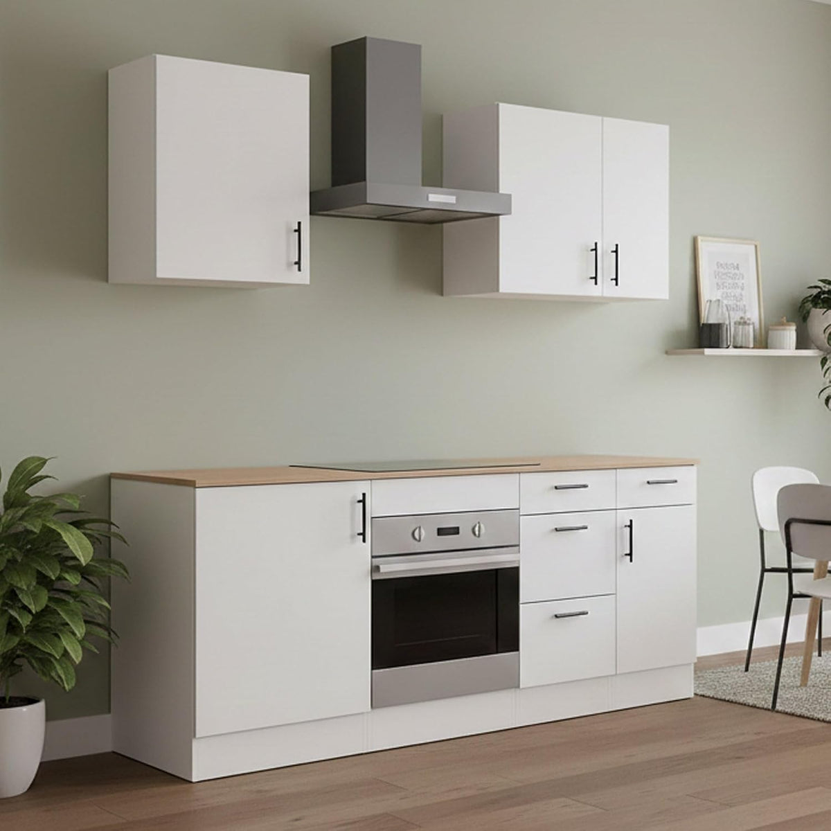 Cucina componibile Dmora, metallo, Bianco e rovere, regolabile, per sala da pranzo e cucina