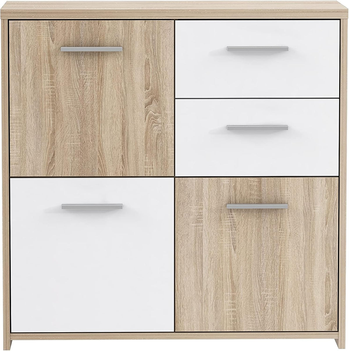 Comodino AVANTI TRENDSTORE, 3 ante, 2 cassetti, 77,2 × 77,5 × 29,6cm, legno, Bianco, per camera da letto