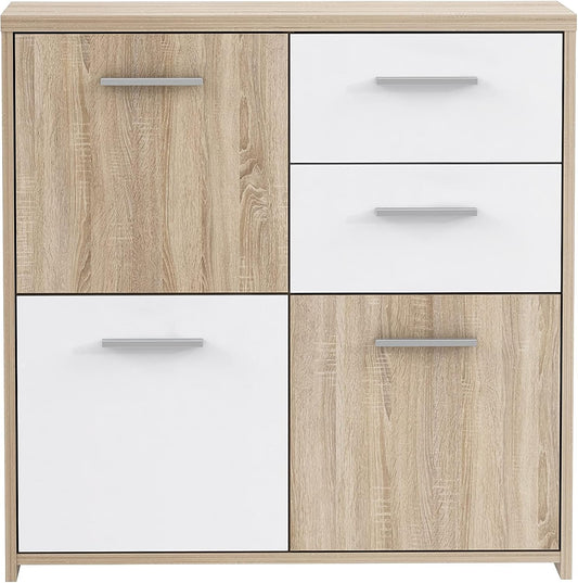 Comodino AVANTI TRENDSTORE, 3 ante, 2 cassetti, 77,2 × 77,5 × 29,6cm, legno, Bianco, per camera da letto