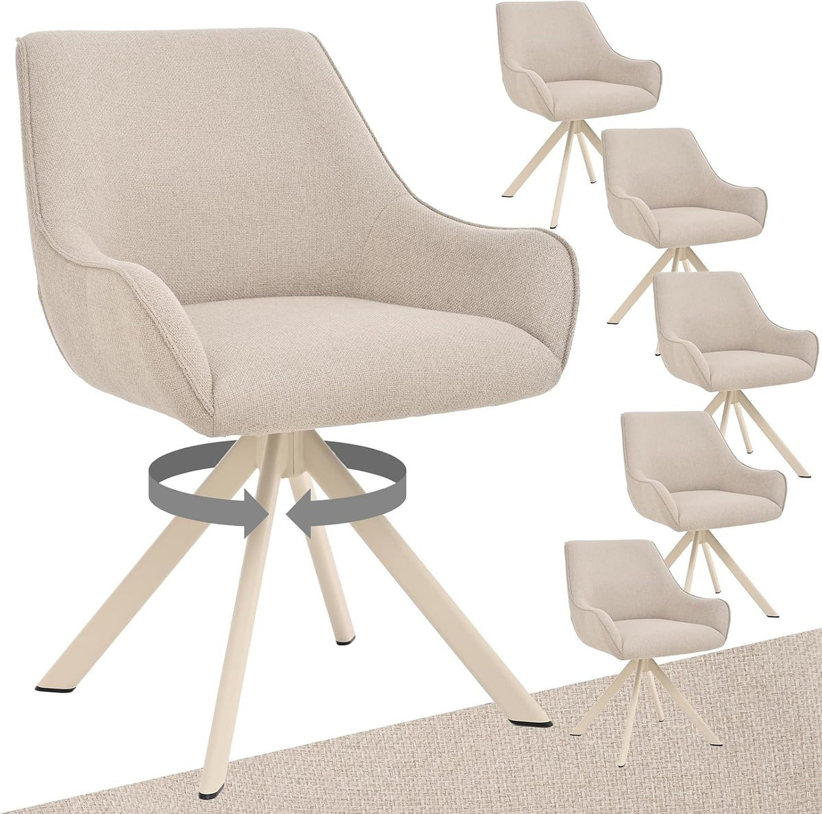 Sedia Goeurvant, 6 sedie, metallo, lino, Beige, girevole a 360°, con braccioli, per sala da pranzo e cucina