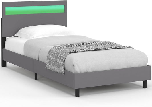 Letto IDMarket, singolo, 90 × 190 cm, legno, MDF, Grigio, regolabile, con illuminazione LED, imbottito, per camera da letto
