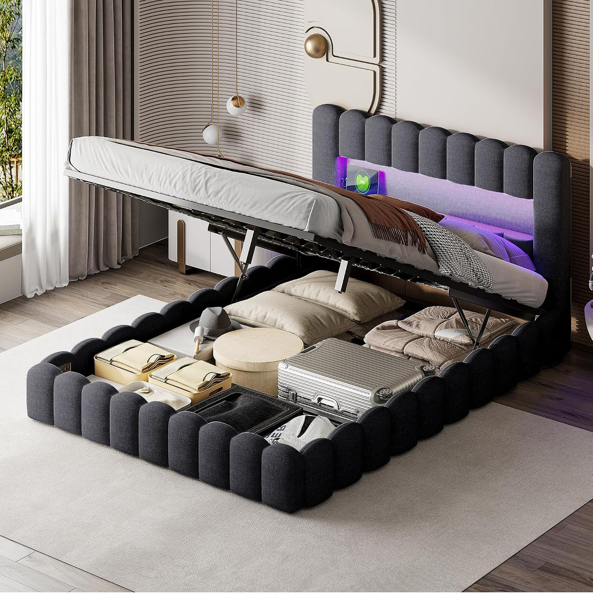 Struttura letto BSMGSGN, matrimoniale, 180 × 200 cm, legno, metallo, con rete a doghe, con illuminazione LED, con porta USB, imbottita