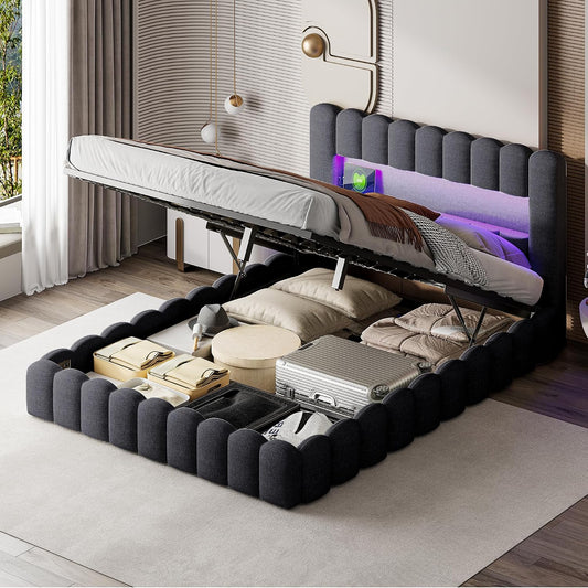 Struttura letto BSMGSGN, matrimoniale, 180 × 200 cm, legno, metallo, con rete a doghe, con illuminazione LED, con porta USB, imbottita