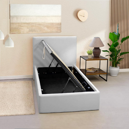 Letto contenitore OnNuvo, singolo, 80 × 190 cm, tessuto, pelle, Grigio chiaro, con contenitore, imbottito, per camera da letto