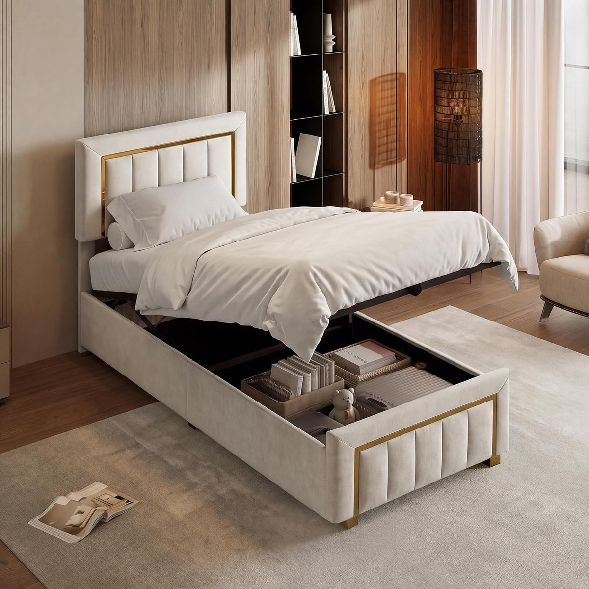 Letto Quiaviank, singolo, 90 × 200 cm, tessuto, Beige, regolabile, imbottito, per camera da letto