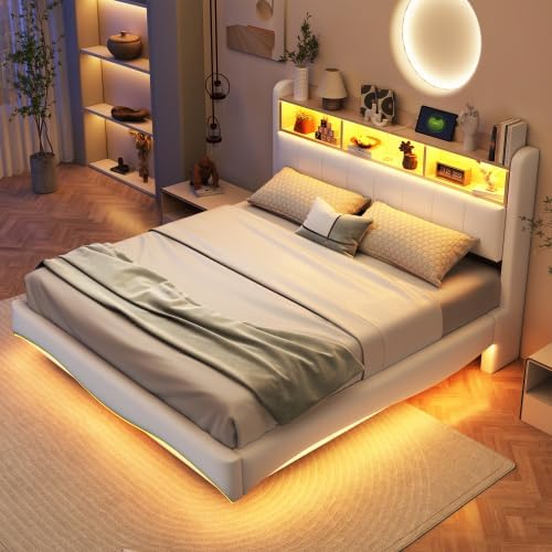 Letto Huayz, matrimoniale, 211,5 × 160 × 110,5 cm, misura 160 × 200, lino, tessuto, Beige, regolabile, con illuminazione LED, con porta USB