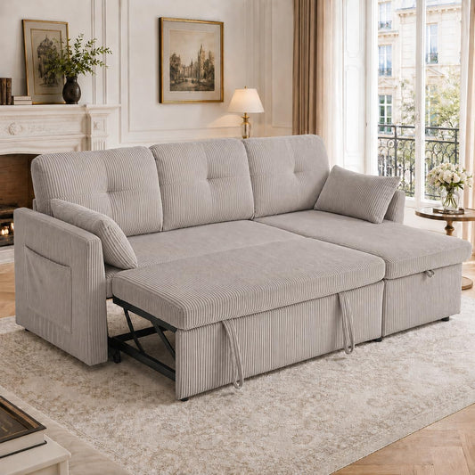 Divano letto Lubvtti, 3 posti, velluto, tessuto, Grigio chiaro, trasformabile, con funzione letto, reclinabile, imbottito, per soggiorno