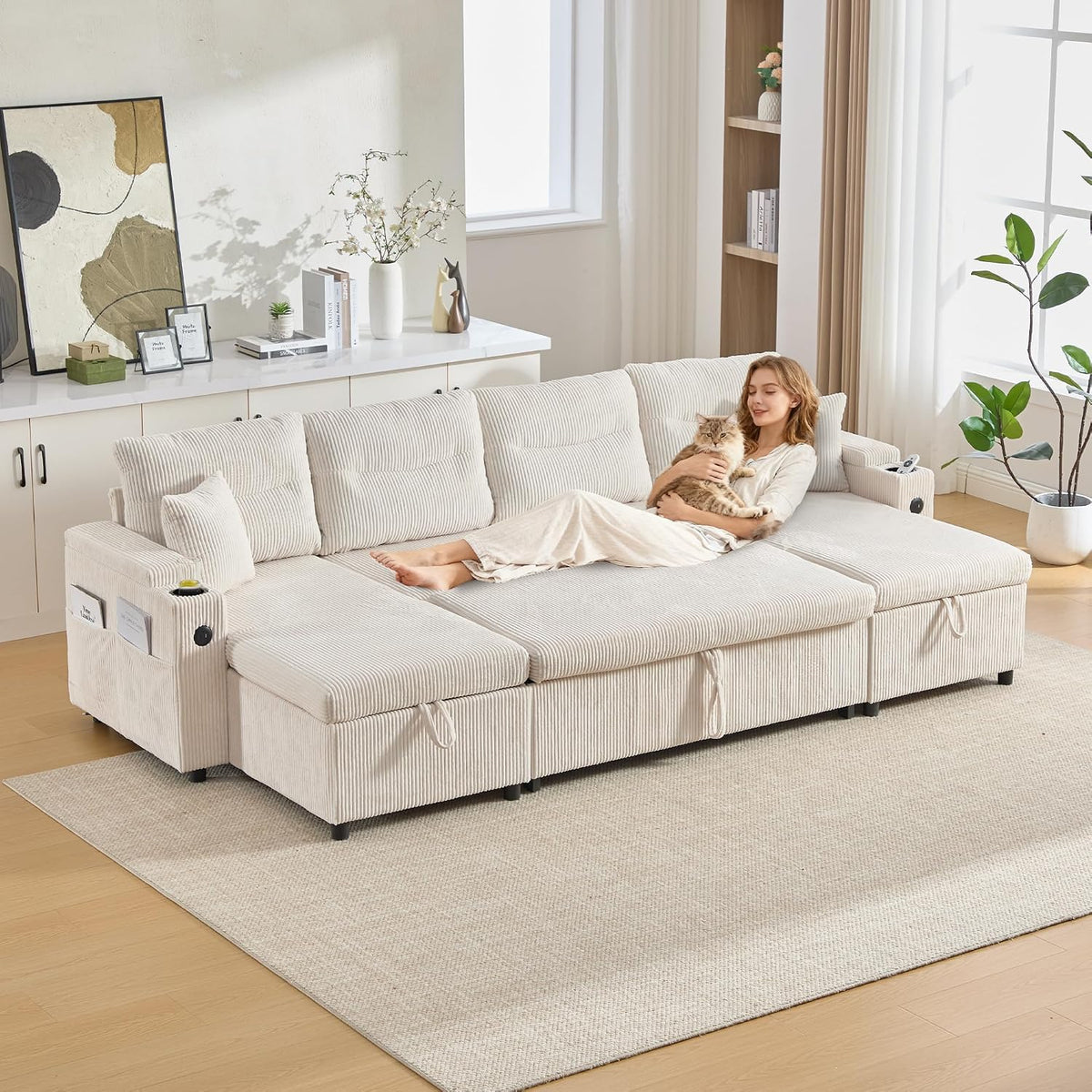 Divano letto Lubvtti, 4 posti, 272 × 136 × 86 cm, velluto, Beige, con braccioli, con porta USB, per soggiorno