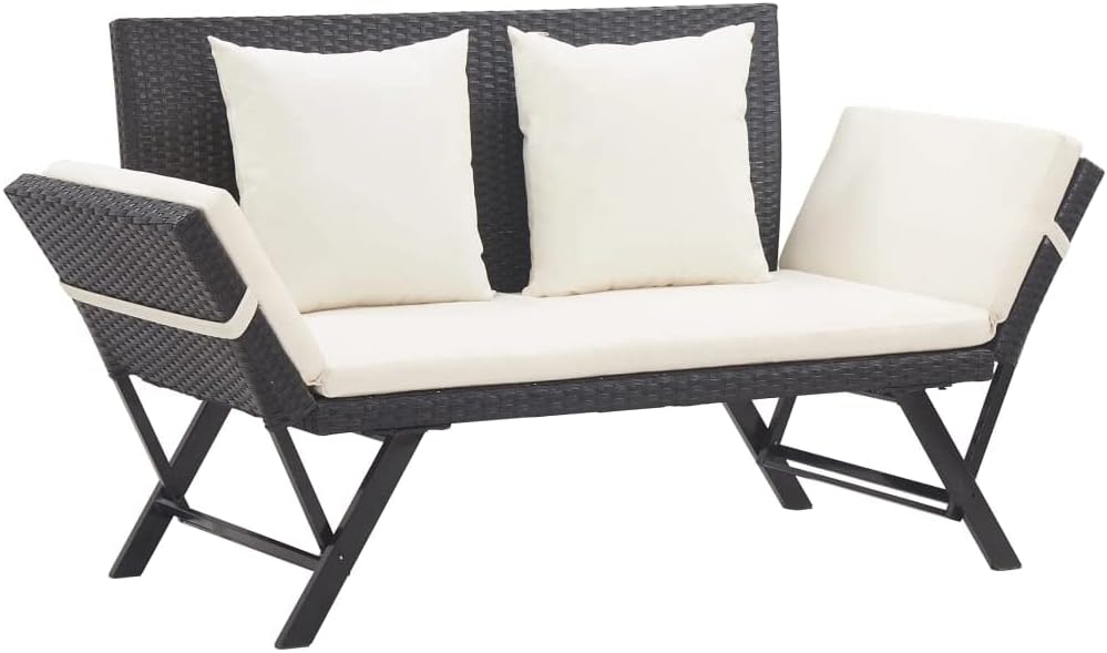 Panca vidaXL, 70 × 80 cm, acciaio, rattan, Nero, regolabile, imbottita, per giardino e terrazzo