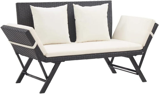Panca vidaXL, 70 × 80 cm, acciaio, rattan, Nero, regolabile, imbottita, per giardino e terrazzo