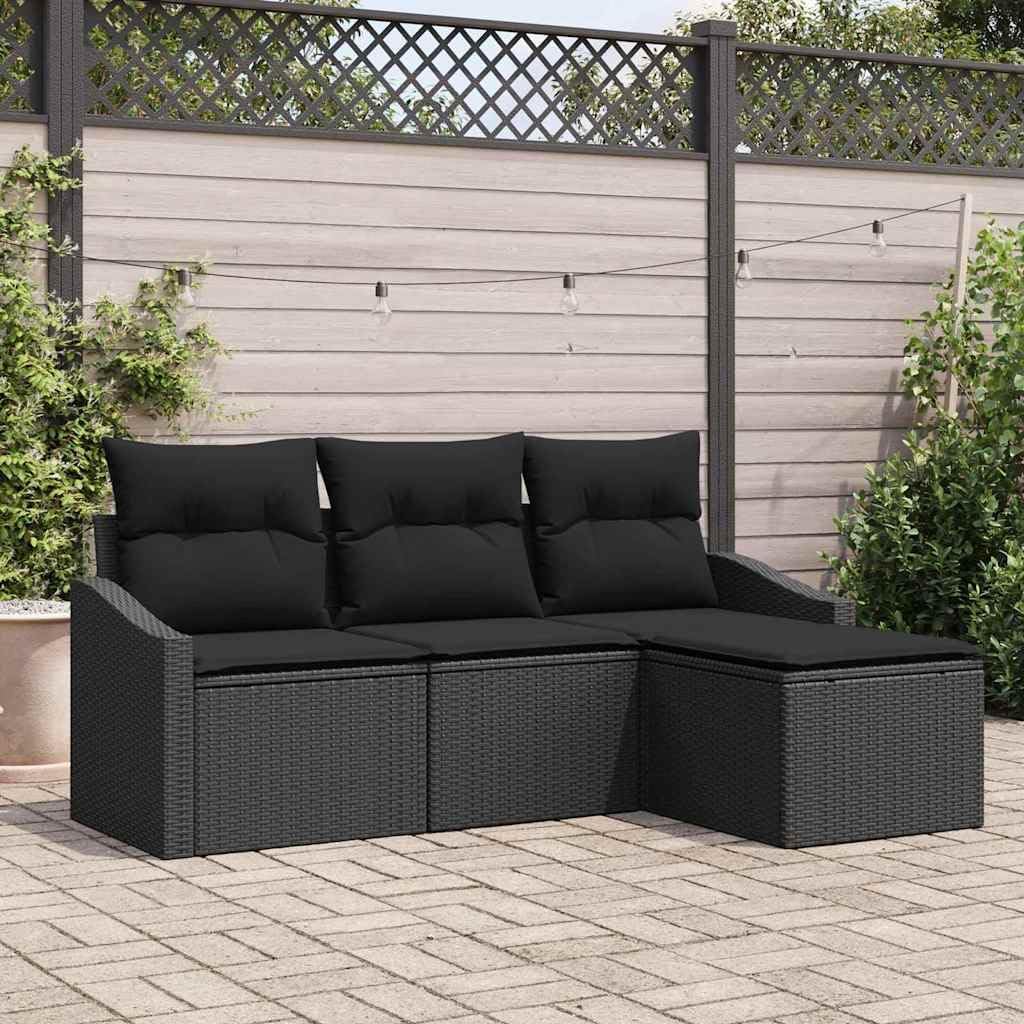 Divano modulare PUGYNBK, 4 pezzi, 55 × 62 × 85 cm, 61,5 × 62 × 85 cm, rattan, Nero, con cuscino, con poggiapiedi, per giardino e terrazzo