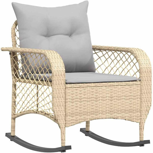 Sedia a dondolo, 67 × 75 × 75 cm, rattan, Beige, con cuscino, regolabile, con braccioli, per giardino e terrazzo