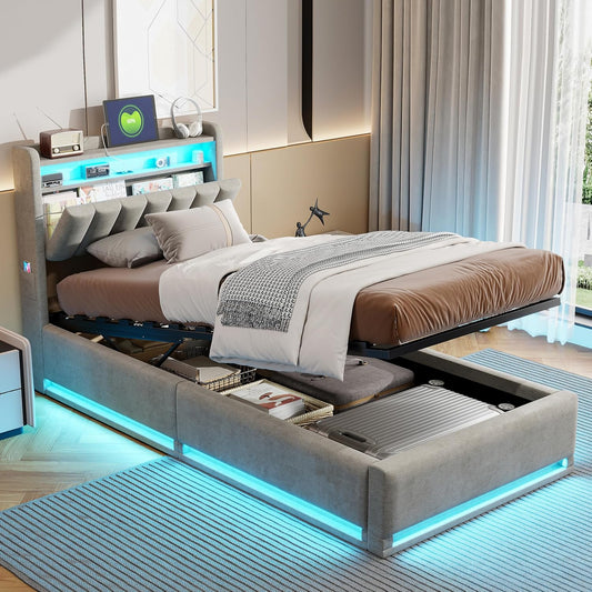Letto contenitore Poeahu, singolo, misura 90 × 200, velluto, con contenitore, con rete a doghe, con illuminazione LED, con porta USB