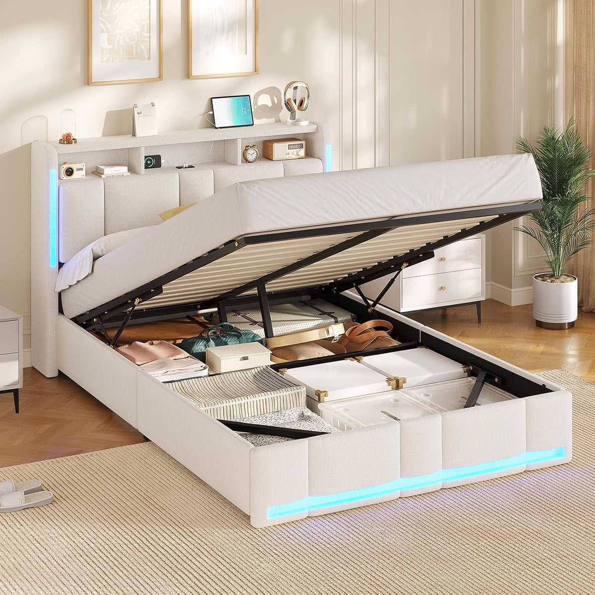 Letto contenitore AOGLLATI, matrimoniale, 140 × 190 cm, Beige, con contenitore, regolabile, con illuminazione LED, con porta USB, imbottito